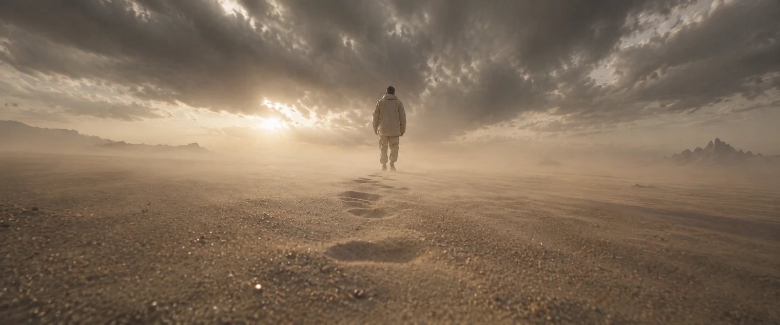 Une silhouette avance dans un désert de sable sous un ciel traversé de lumière.